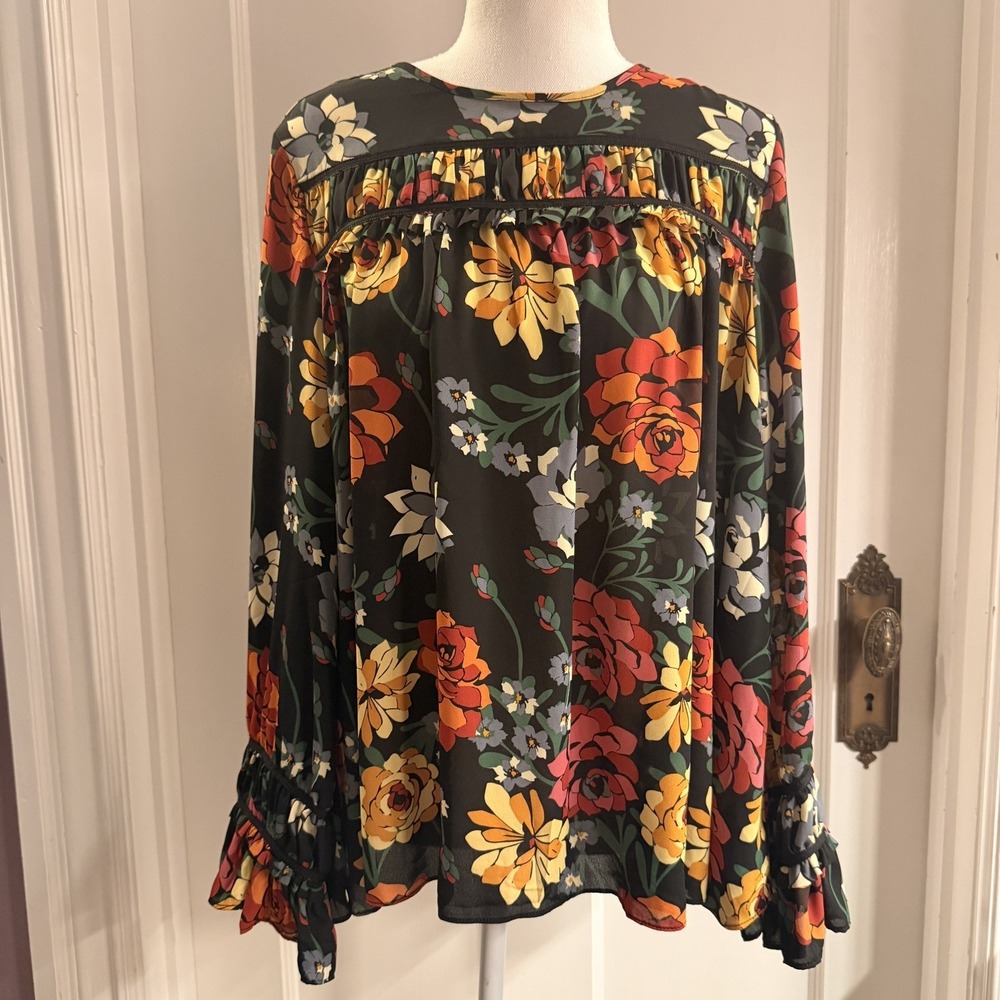 ELIANE ROSE Women's Black Floral Gathered Ruffle Front Sleeve Blouse~ Size L